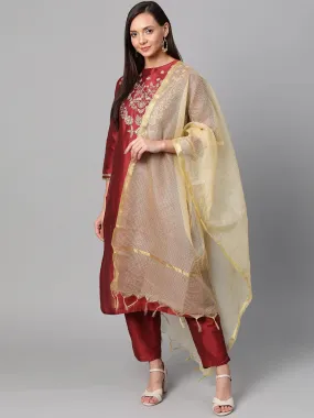 Women'S Maroon & Golden Yoke Design Kurta With Trousers