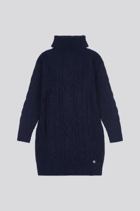 Womens Mixed Cable Knit Dress in Navy Blue