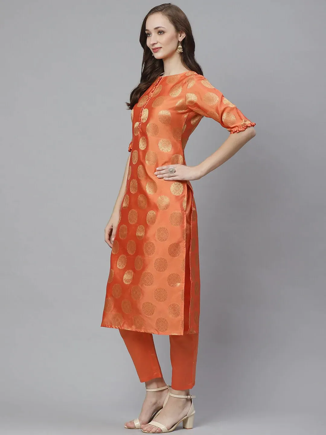 Women'S Orange & Golden Woven Design Kurta With Trousers