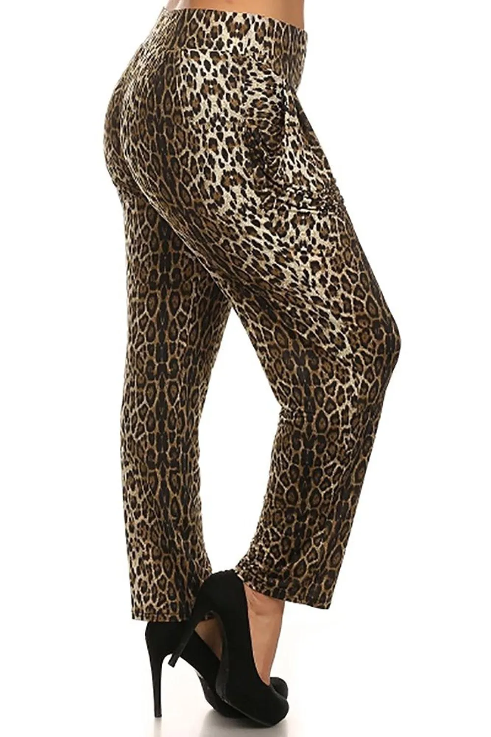 Womens Plus Size Leopard Print Straight Leg Pants with Pockets