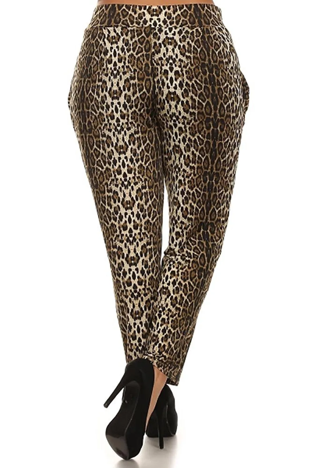 Womens Plus Size Leopard Print Straight Leg Pants with Pockets