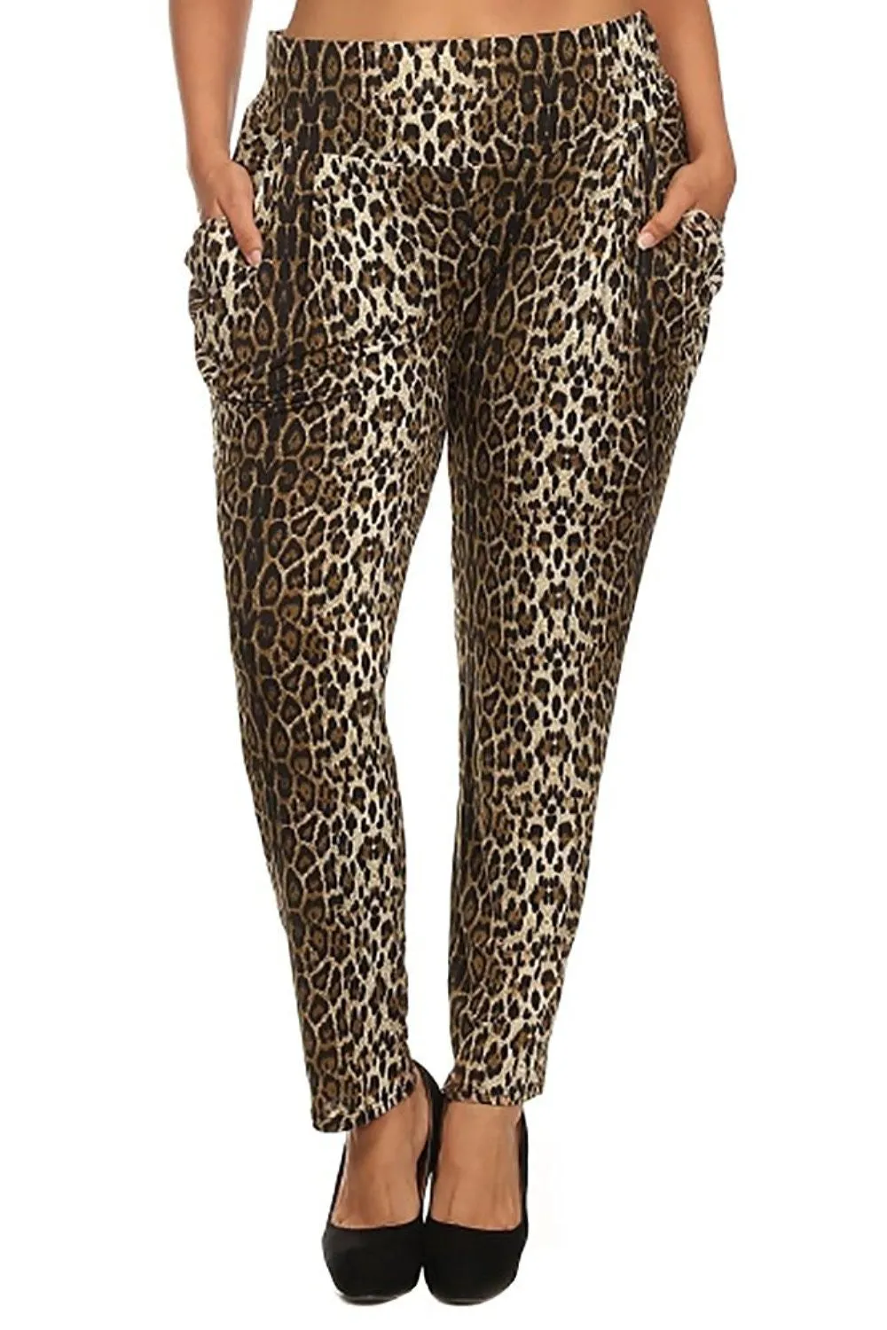 Womens Plus Size Leopard Print Straight Leg Pants with Pockets