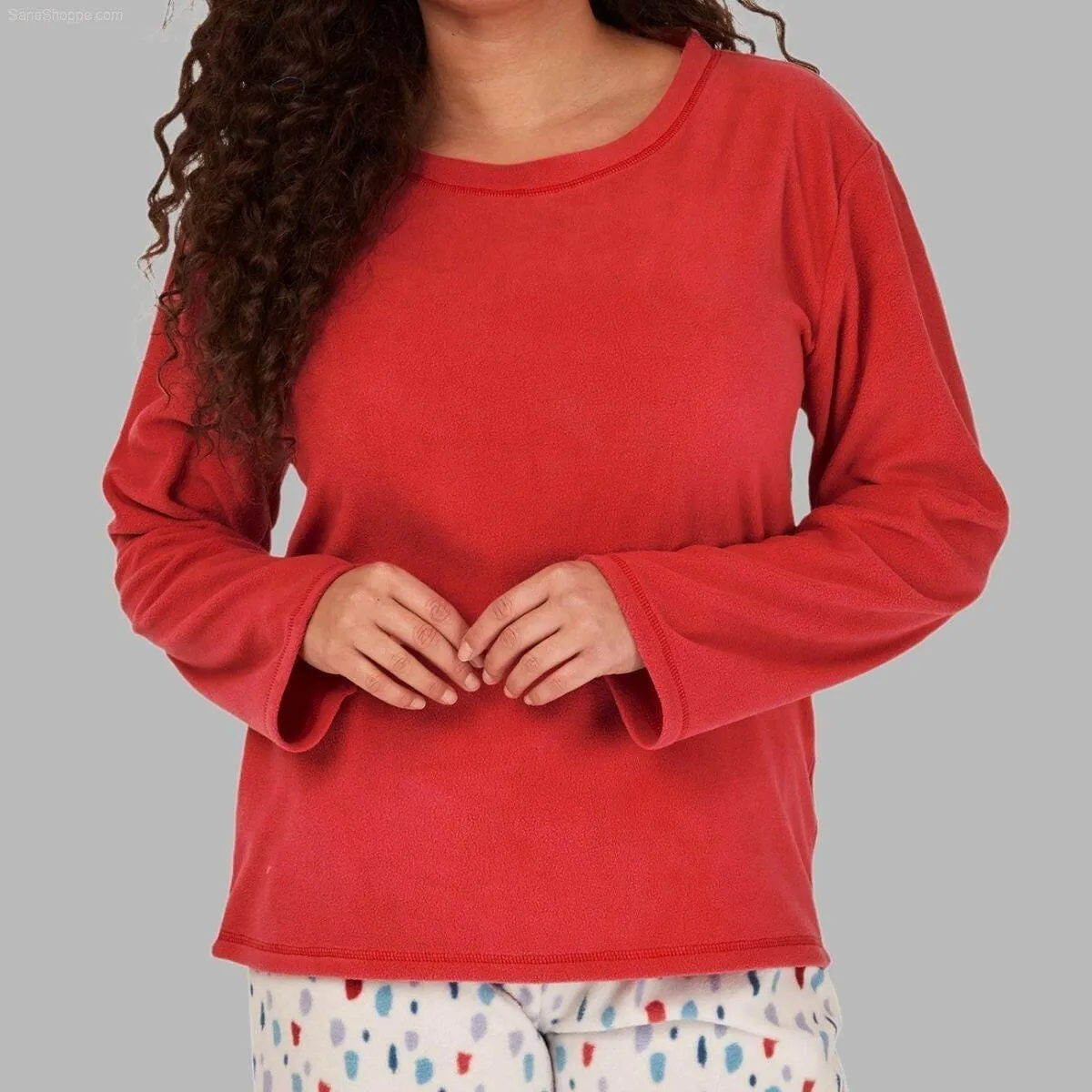 Women's Soft Thermal Fleece Pyjama Set, Long Sleeve Nightwear Spice red and Pale Turq