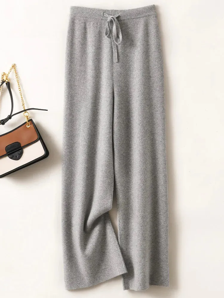 Women's Wool Pants - Wide-Leg Casual Mid-Waist Knit Trousers for Autumn/Winter, Loose Fit