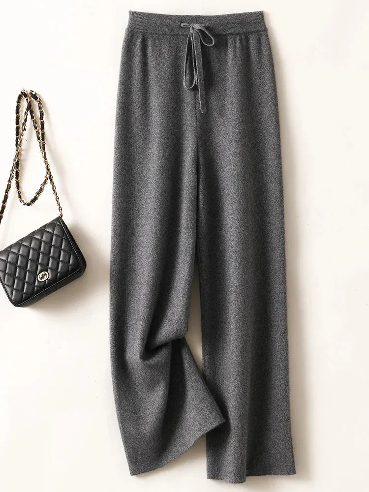 Women's Wool Pants - Wide-Leg Casual Mid-Waist Knit Trousers for Autumn/Winter, Loose Fit