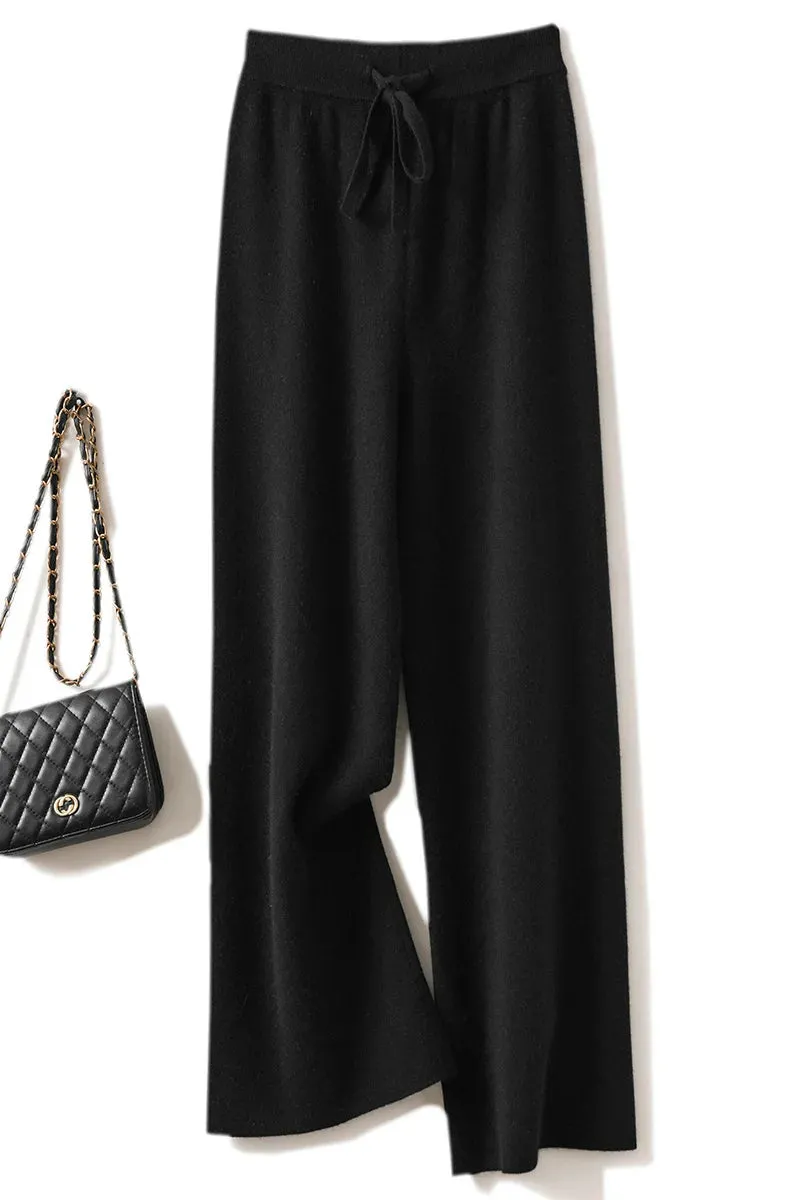 Women's Wool Pants - Wide-Leg Casual Mid-Waist Knit Trousers for Autumn/Winter, Loose Fit