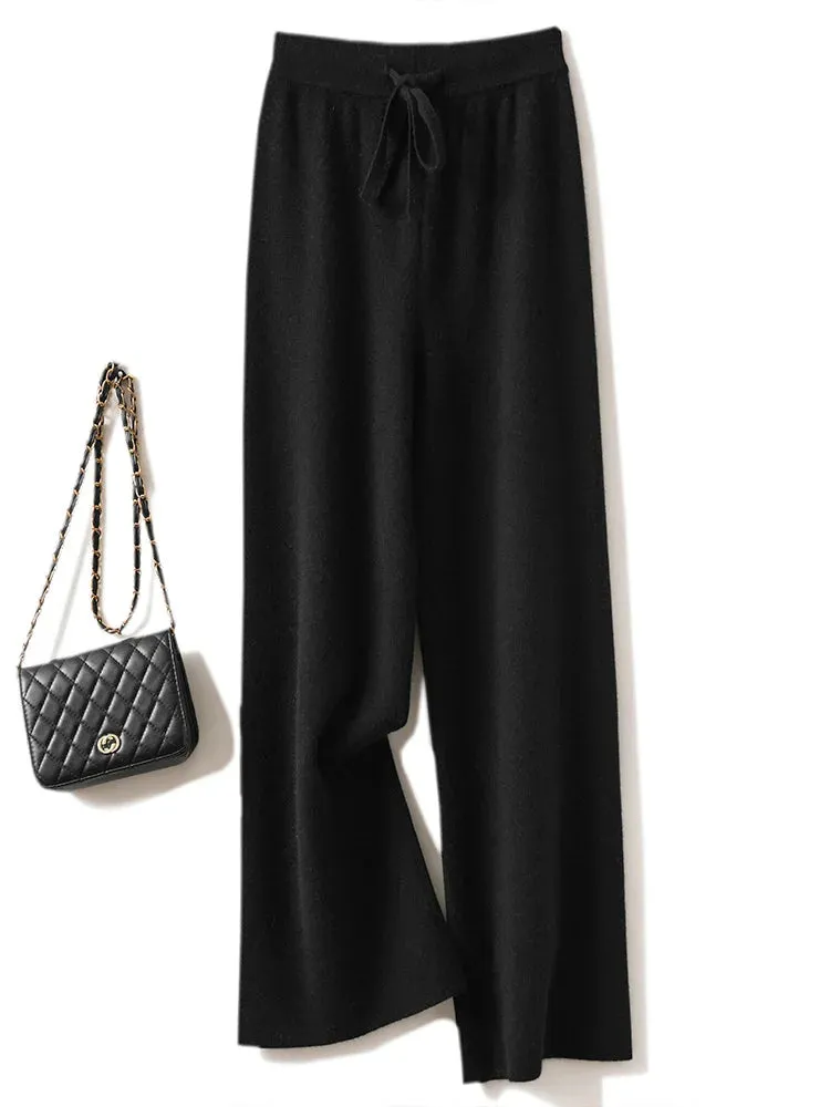 Women's Wool Pants - Wide-Leg Casual Mid-Waist Knit Trousers for Autumn/Winter, Loose Fit