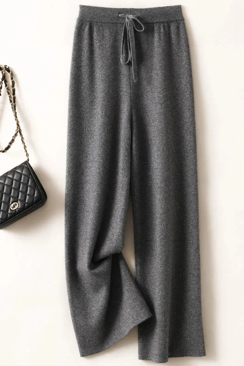 Women's Wool Pants - Wide-Leg Casual Mid-Waist Knit Trousers for Autumn/Winter, Loose Fit