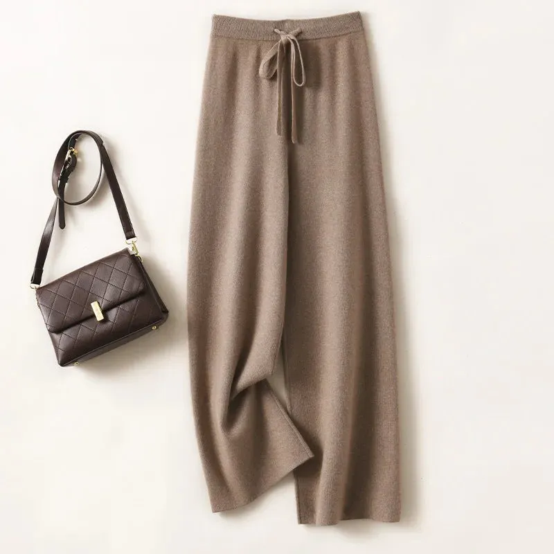 Women's Wool Pants - Wide-Leg Casual Mid-Waist Knit Trousers for Autumn/Winter, Loose Fit