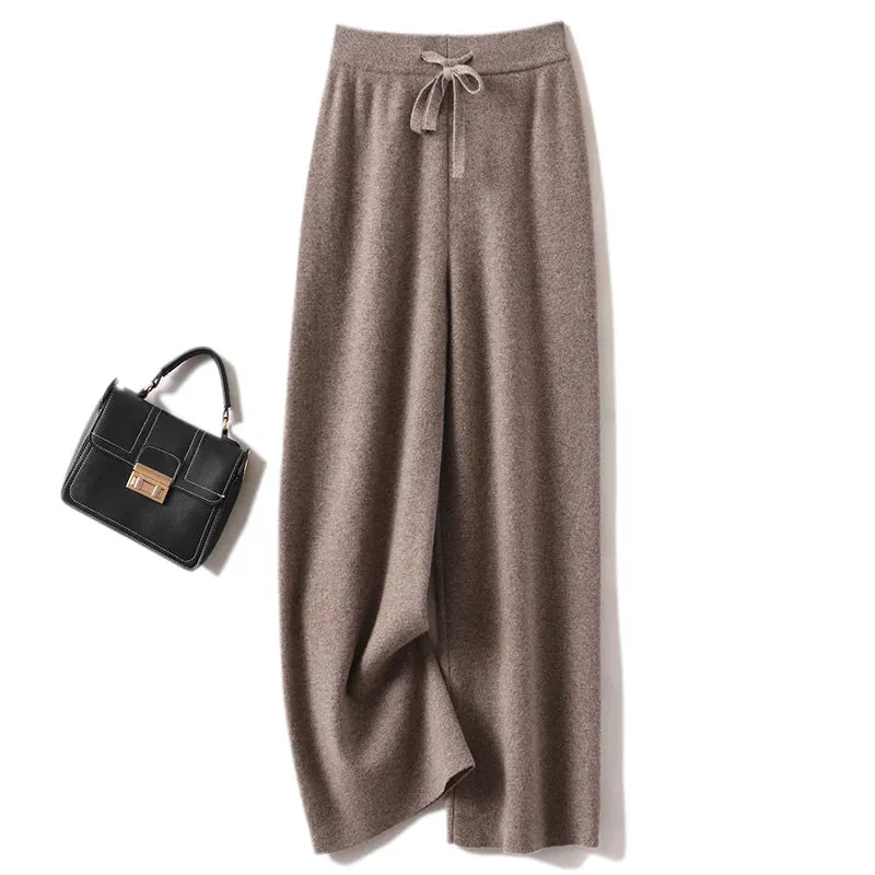 Women's Wool Pants - Wide-Leg Casual Mid-Waist Knit Trousers for Autumn/Winter, Loose Fit