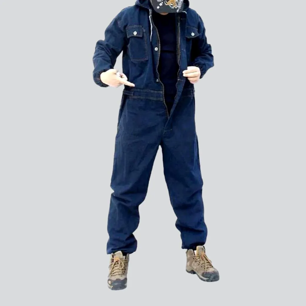 Workwear denim overall with zipper