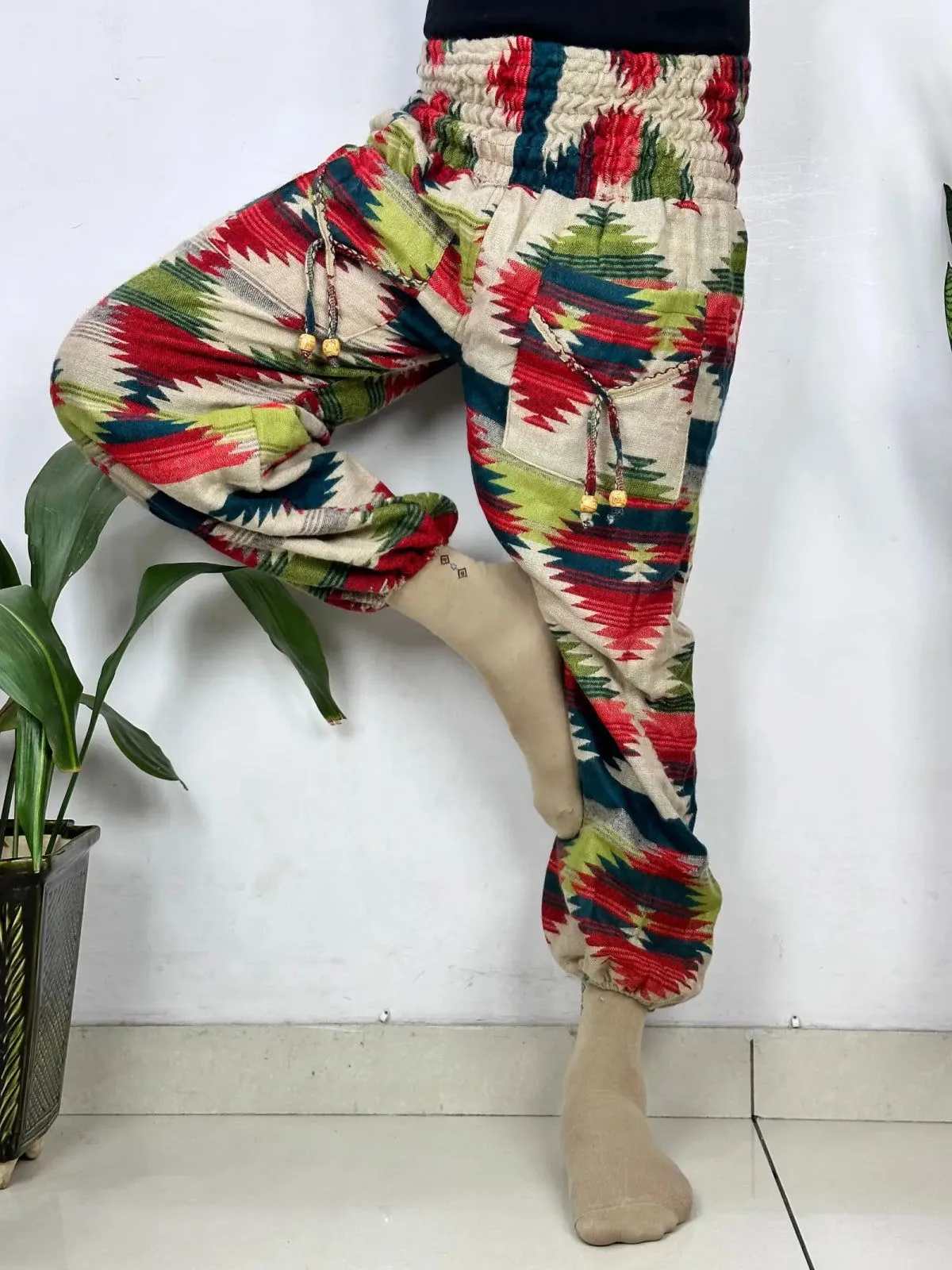 Yak Wool Blend Boho Unisex Hareem Pant Aztec Geometric Non Itchy Warm Panama Hippie Tribal Comfy Hand Stitched Leisure Yoga Loungewear